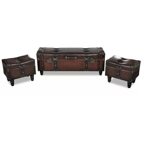 Banquette coffre capitonnée avec poufs similicuir marron Pouly - Lot de 3