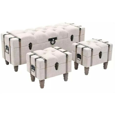 Banquette coffre capitonnée avec poufs tissu beige Palawa - Lot de 3