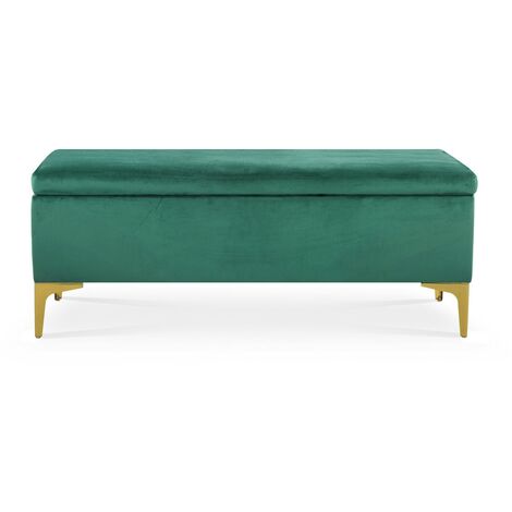 Intensedeco – Banquette coffre velours vert 120x45x45 cm – Pieds dorés en triangle – Rangement sous l'assise pour coussins et plaids
