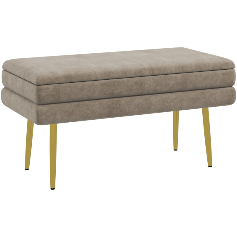 Banquette coffre de rangement 2 en 1 piètement effilé incliné acier doré velours taupe