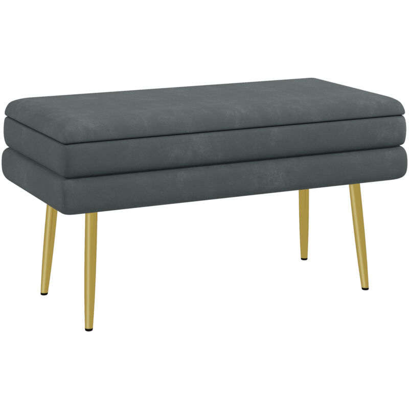 Banquette coffre de rangement 2 en 1 piètement effilé incliné acier doré velours gris