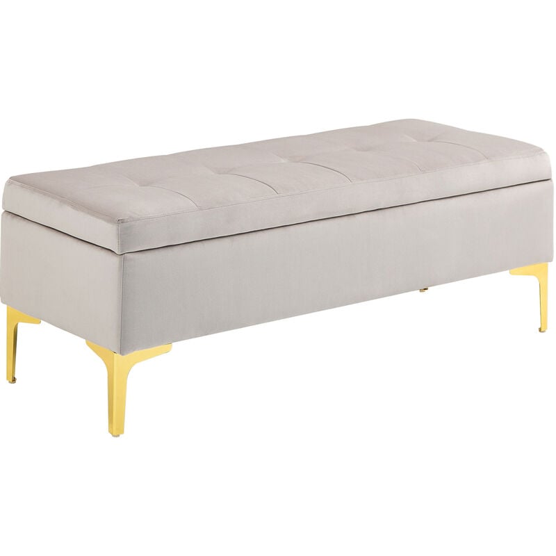 Banquette coffre de rangement 2 en 1 - assise effet capitonnée - métal doré aspect velours gris clair