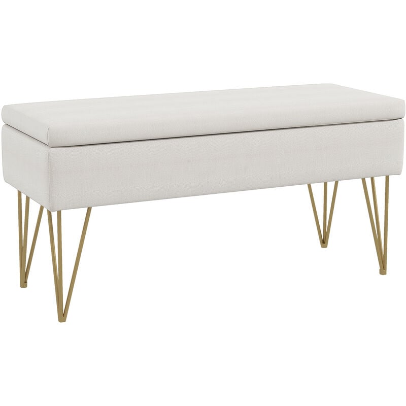 Banquette coffre de rangement 2 en 1 design art déco - piètement épingle acier doré tissu crème