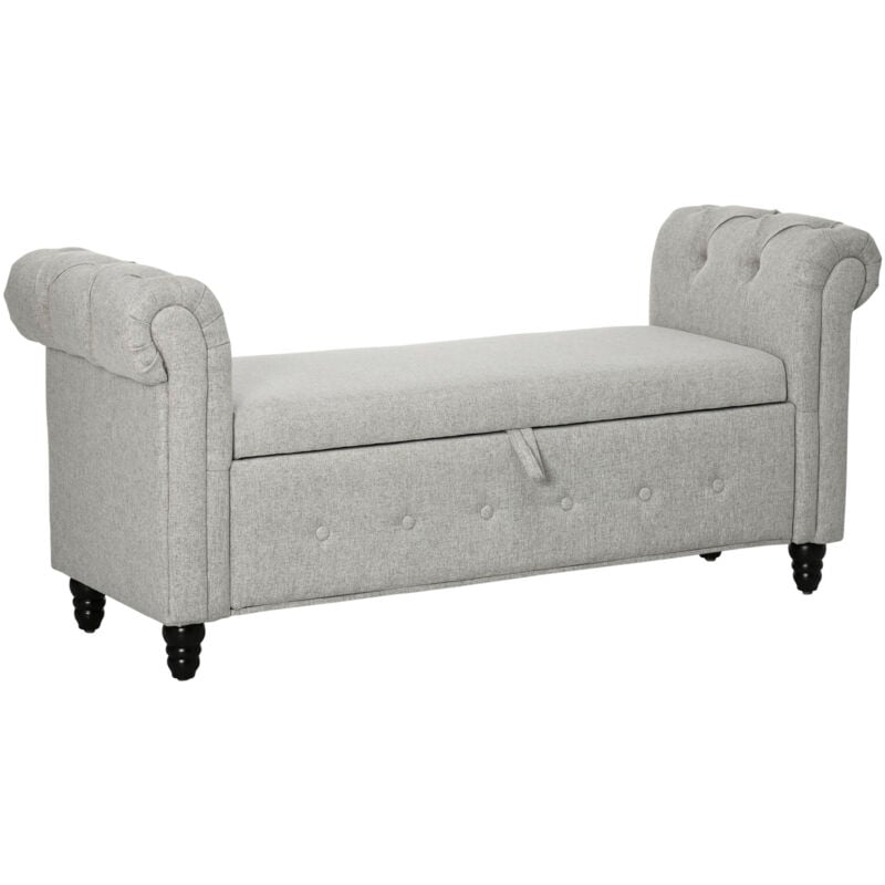 Homcom - Banquette coffre de rangement 2 en 1 design Chesterfield accoudoirs courbés capitonnés piètement bois noir aspect lin gris
