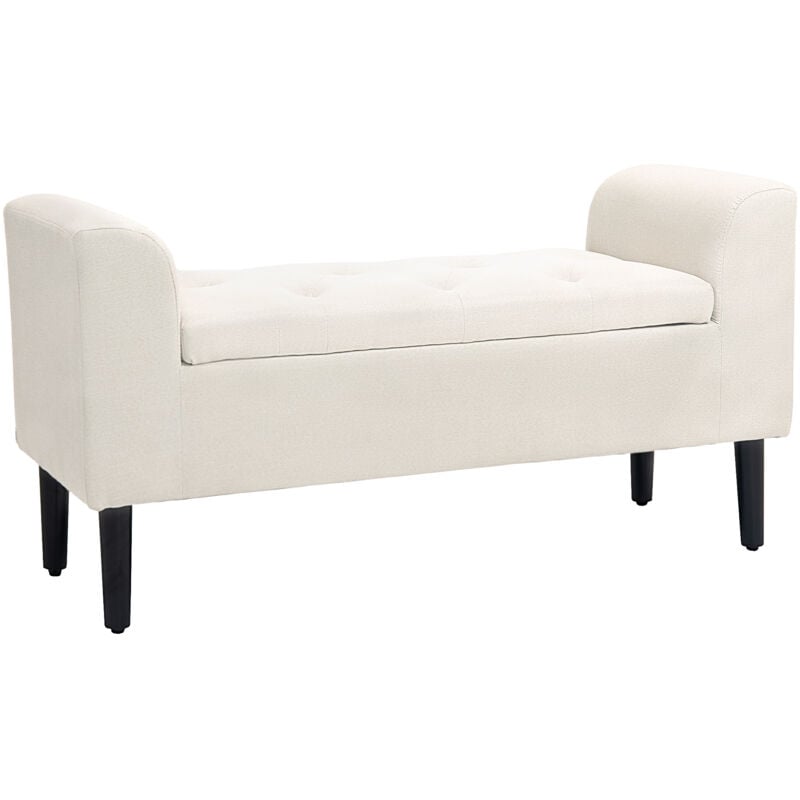 Banquette coffre de rangement 2 en 1 design Chesterfield assise capitonnée accoudoirs courbés pieds effilés bois d'hévéa aspect lin blanc cassé