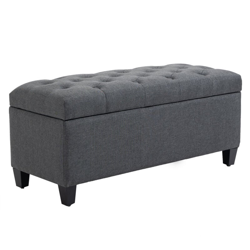 Banquette coffre de rangement style Chesterfield dim. 100 x 40 x 44 cm piètement bois noir tissu anthracite