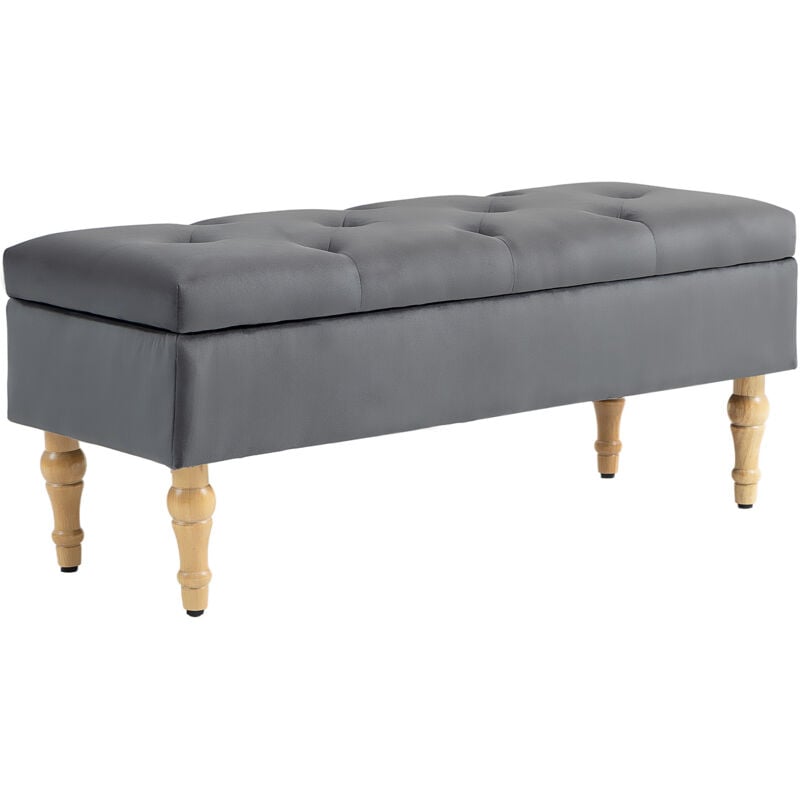 Banquette coffre style baroque - piètement bois assise effet capitonné velours gris