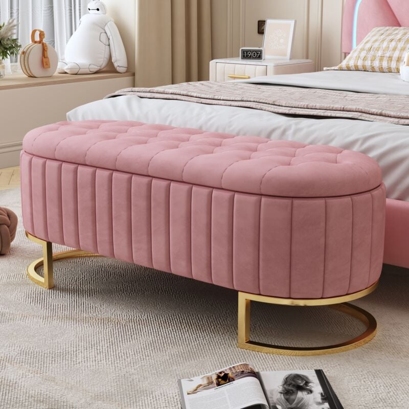Banquette coffre, tabouret de rangement, 120 x 40 cm, repose-pieds rembourré avec rangement, tabouret de canapé, velours, rose