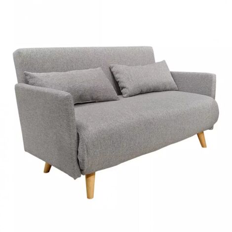 Banquette convertible 2 places tissu gris clair pieds bois - JUDY