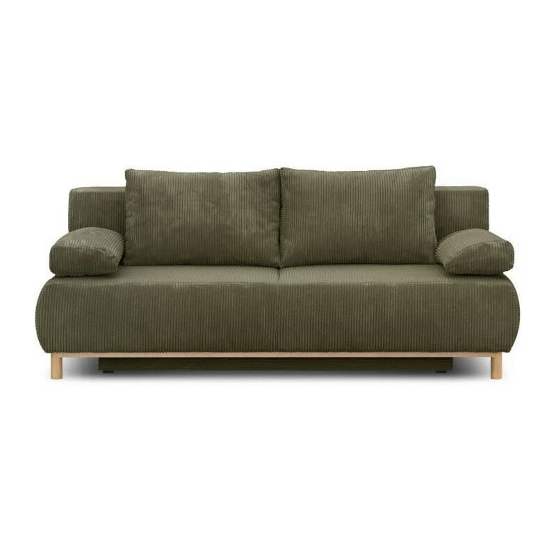 Banquette convertible 3 places MIKA - Velours côtelé vert kaki - Coffre de rangement - L 192 x H 84 x P 93 cm
