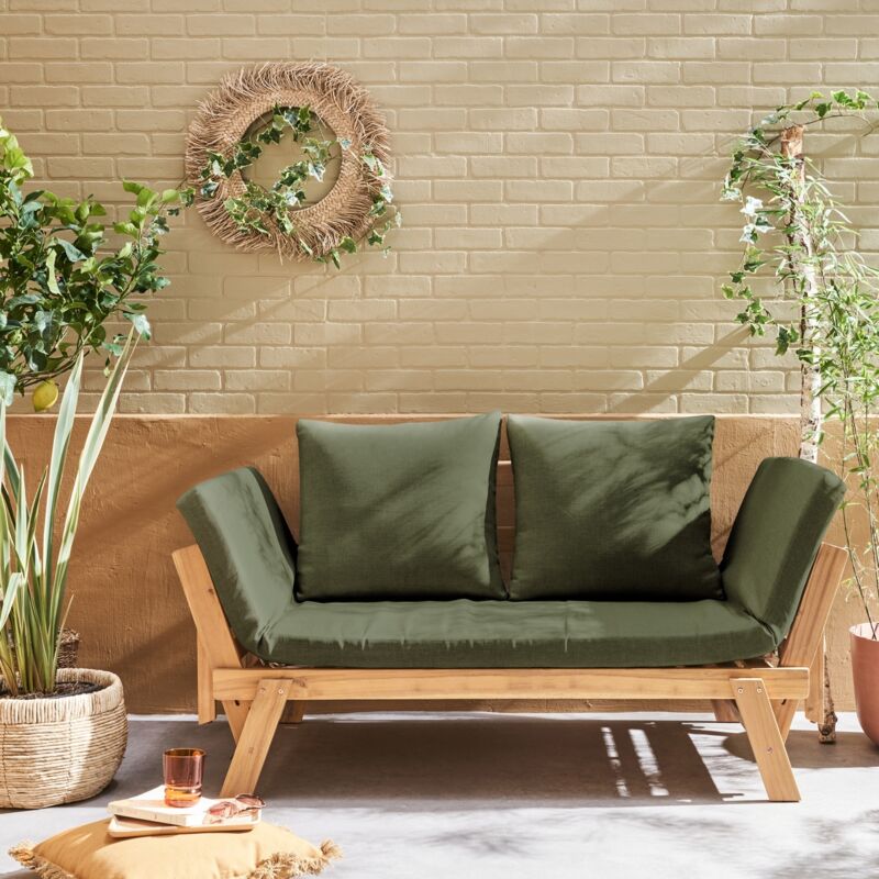 Banquette de jardin kaki 2/3 places JALANCE. accoudoirs modulables 155/200x72x74.5cm
