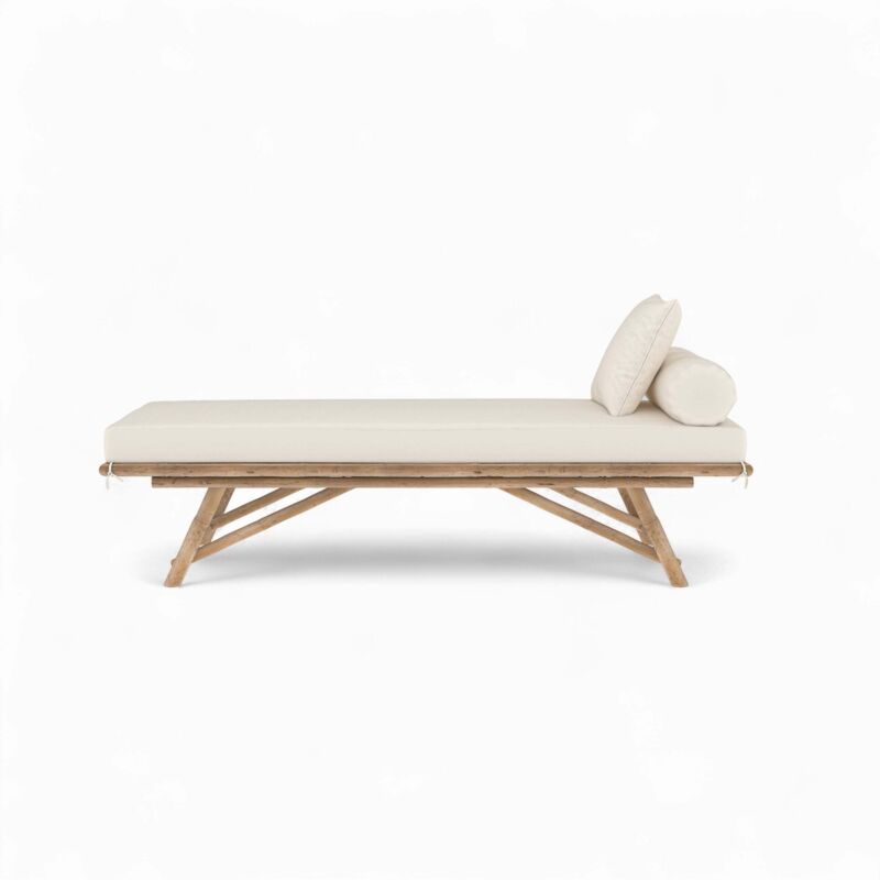 Banquette de jardin en bambou avec matelas blanc - vadella