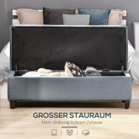 Banquette de lit capitonnée gris aspect lin avec couvercle et espace de rangement, design sobre et confortable pour salon et chambre