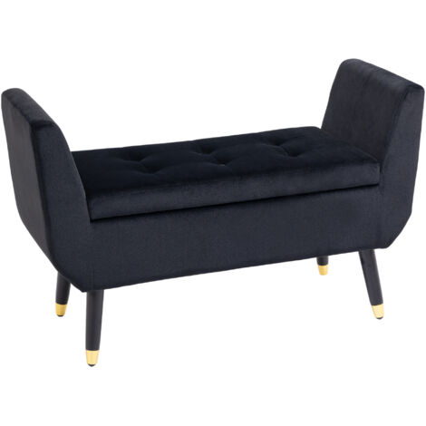 Banquette de rangement avec accoudoirs, coffre à siège en velours, pieds en bois, banquette coffre pour salon chambre entrée 107 x 42 x 65 cm, Noir