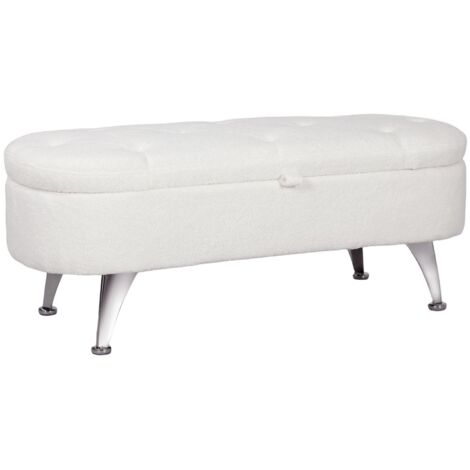 Banquette de rangement blanc velours aspect peluche capitonné 114 x 47 x 46,5 cm métal pour entrée salon