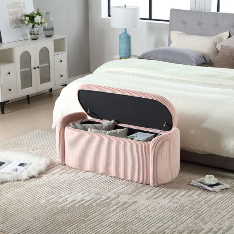 Banquette de rangement rembourré 112x41x42cm, Bout de lit, banc à chaussures, multifonctionnel, velours, rose