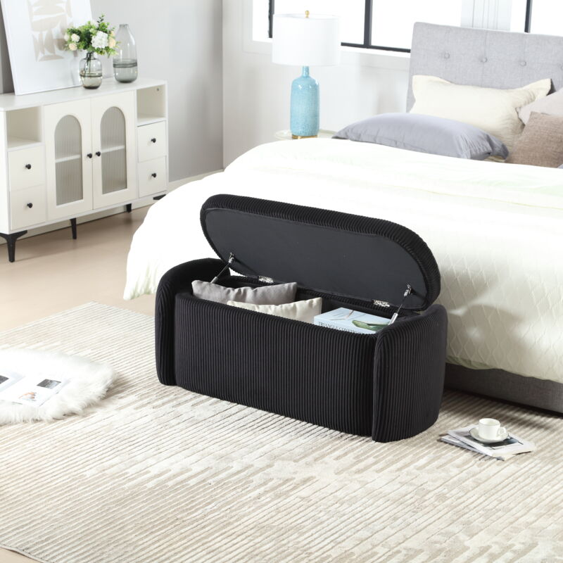 Banquette de rangement rembourré 112x41x42cm, Bout de lit, banc à chaussures, multifonctionnel, velours, noir