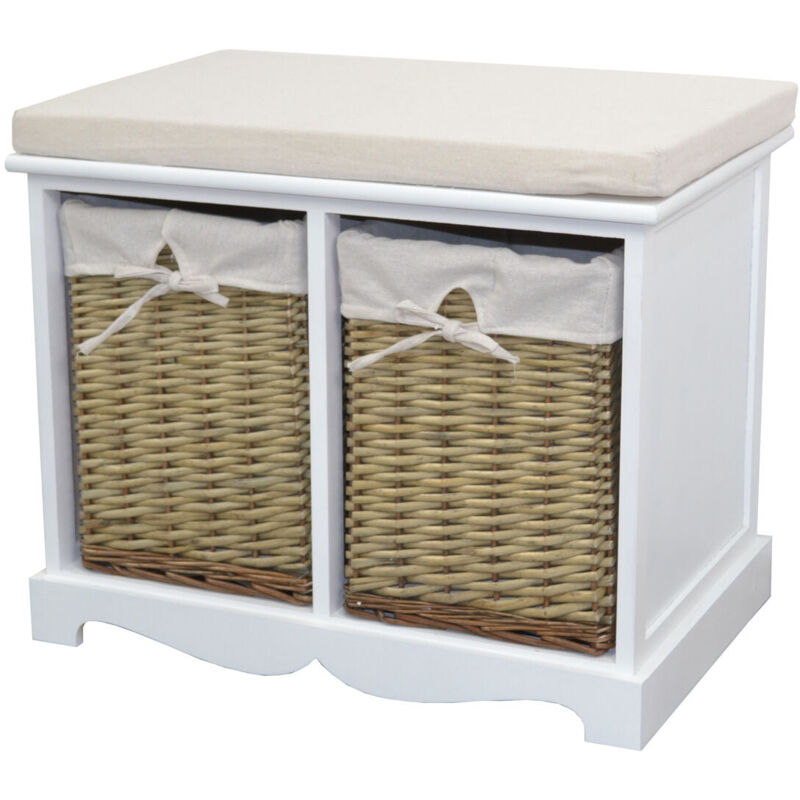 Banquette design vintage meuble de rangement en mdf blanc avec 2 paniers en saule blanc / naturel MED05171
