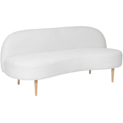 Banquette en bouclette avec 2 places en tissu coloris Blanc, pieds en bois naturel  - Longueur 172 x Profondeur 75 x Hauteur 72 cm