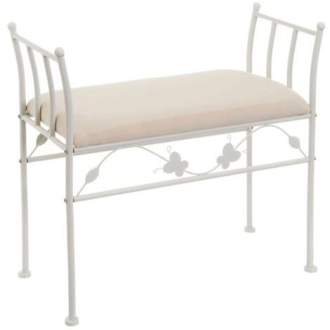 Banquette en métal blanc et assise rembourrée coton beige - 68x30x64cm
