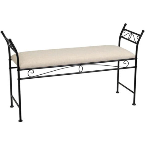Banquette en métal noir et assise rembourrée lin beige 115x34x67cm