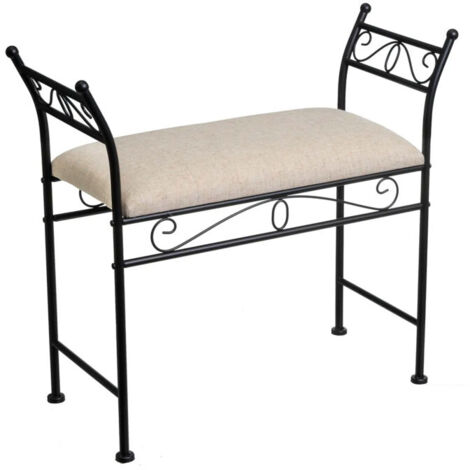 Banquette en métal noir et assise rembourrée lin beige 74x30x67cm