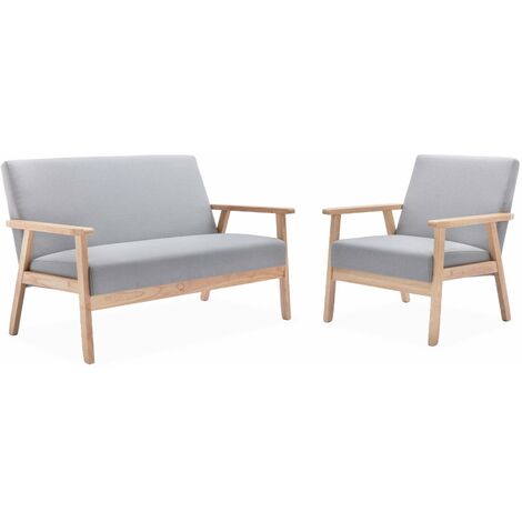 Banquette et fauteuil 3 places en bois et tissu, Isak, L 114 x P 69,5 x H 73cm en Polyester Gris clair