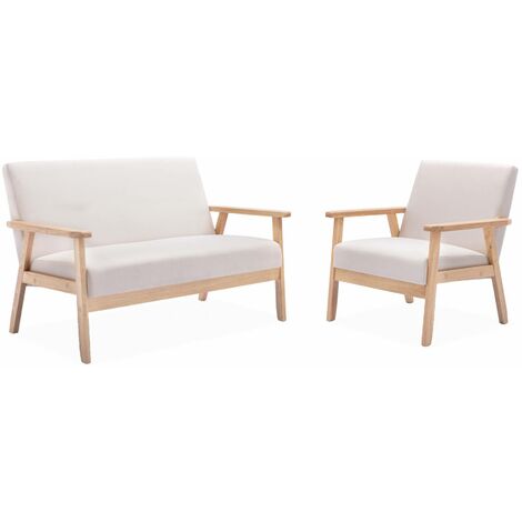 Banquette et fauteuil 3 places en bois et tissu. Isak. L 114 x P 69.5 x H 73cm Polyester Beige