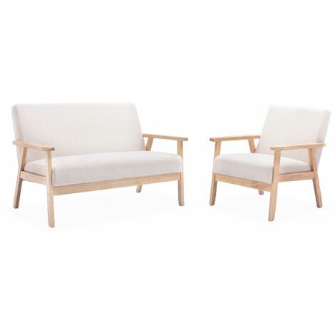 Banquette et fauteuil en bois et tissu bouclette, Isak, L 114 x l 69,5 x H 73cm