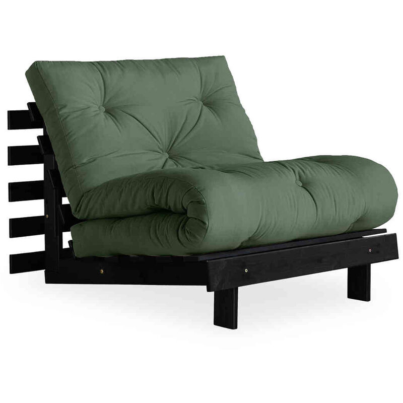 Canapé convertible ROOTS en pin massif noir avec matelas futon vert 90x200 - Vert