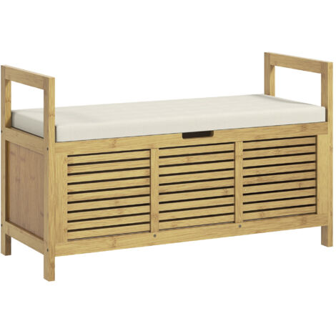 Banquette lattes entrée motif rabat, armoire chaussures bambou, 100x40x60 cm, bois.