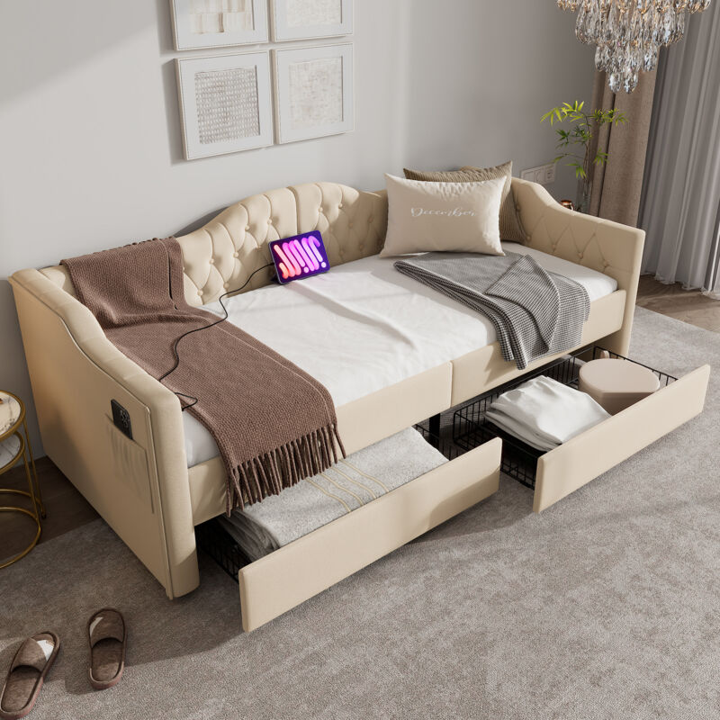 Canapé-lit 90x190 cm lit rembourré, cadre de lit avec charge usb, Type-C et 2 tiroirs en dessous, en velours, beige, sans matelas