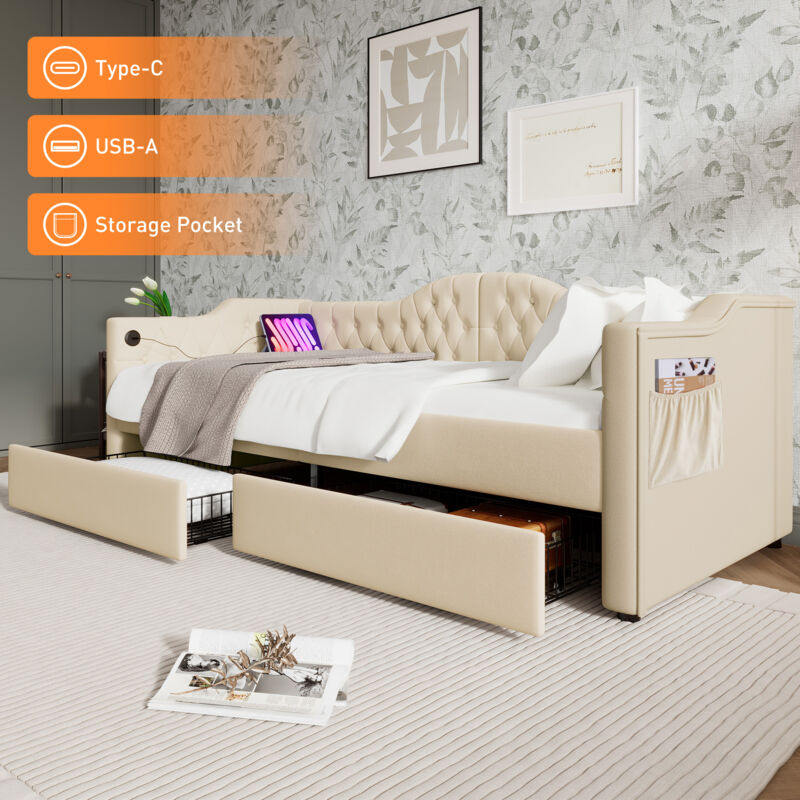 Ohjijinn - Banquette-lit rembourrée, canapé-lit, lits rangements, cadre de lit avec fonction de chargement usb Type c et 2 tiroirs (sans matelas) en