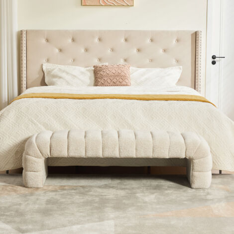 Banquette moderne en chenille sans accoudoirs avec rembourrage à rainures,chaise longue et tabouret pour salon,chambre,entrée,beige