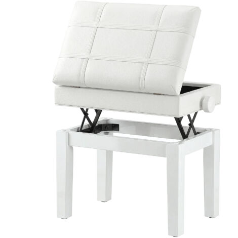 Banquette piano avec coffre intégré, tabouret réglable en hauteur, assise synthétique blanche, bois hévéa robuste, siège confortable pour musicien, meuble pratique et élégant.