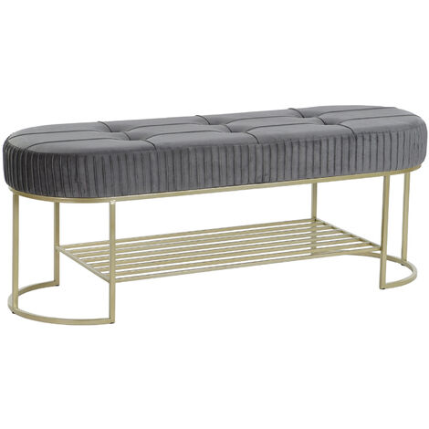 Banquette rectangulaire en polyester gris et métal doré - longueur 120 x Profondeur 40 x hauteur 45 cm -PEGANE-