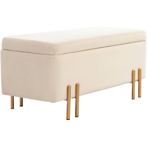 Banquette rembourrée avec espace de rangement, coffre-banquette, mousse, métal, bois d'hévéa, 100 x 40 x 42 cm, beige