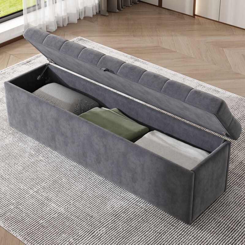 Banquette rembourrée en velours, banc rembourré, tabouret de lit, banc avec espace de rangement, gris 138 x 41 x 42 cm
