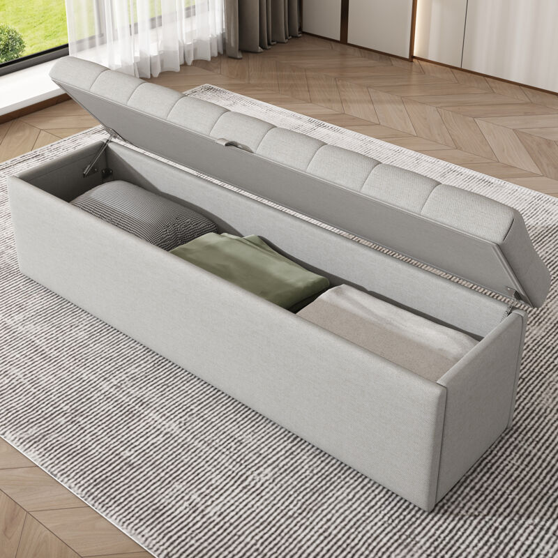 Banquette salon chambre 141x41.5x47cm, coussin moelleux tabouret de lit, avec espace de rangement, tissu, gris
