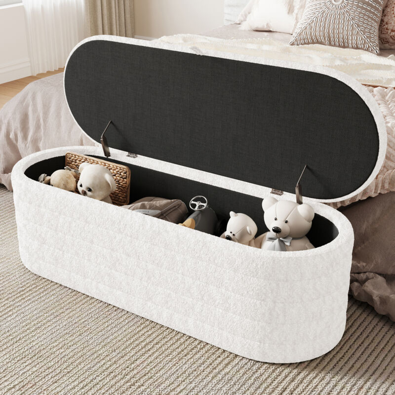 Banquette sommier 120x40 cm, pouf de rangement rembourré, pouf, velours teddy, blanc