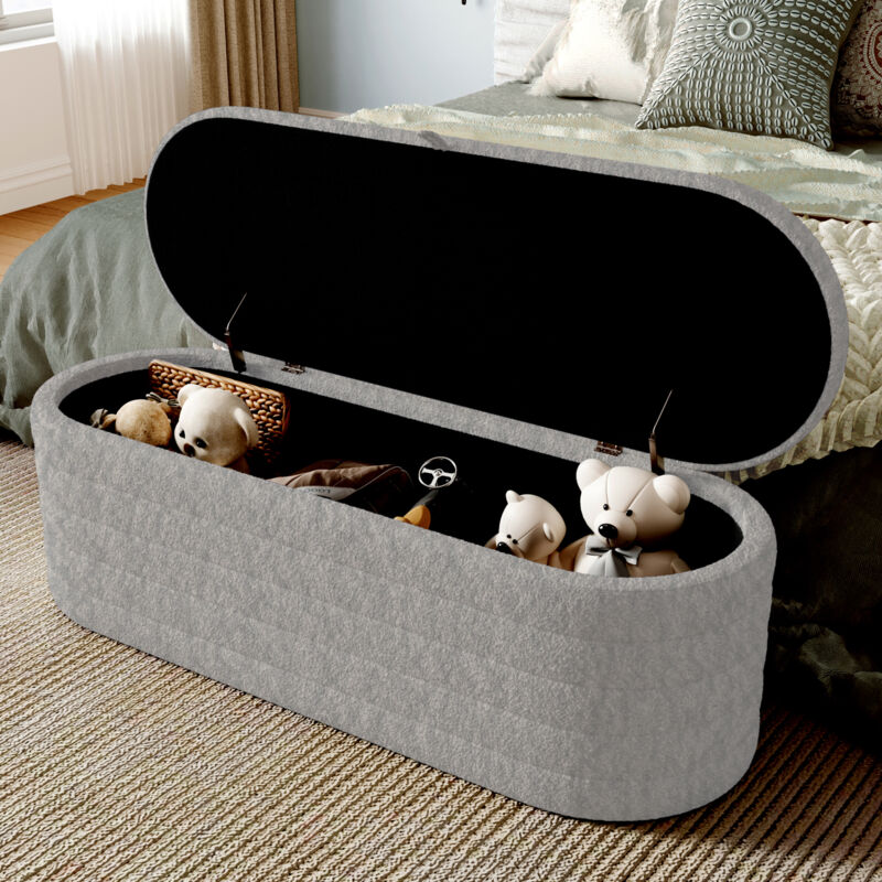 Banquette sommier 120x40 cm, pouf de rangement rembourré, pouf, velours teddy, gris