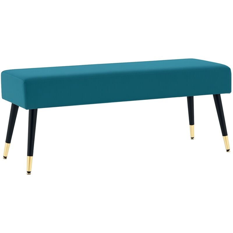 Banquette style Art déco piètement incliné effilé métal noir doré velours bleu canard