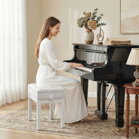 Banquette tabouret siège pour piano coffre intégré hauteur réglable bois hévéa assise revêtement synthétique blanc