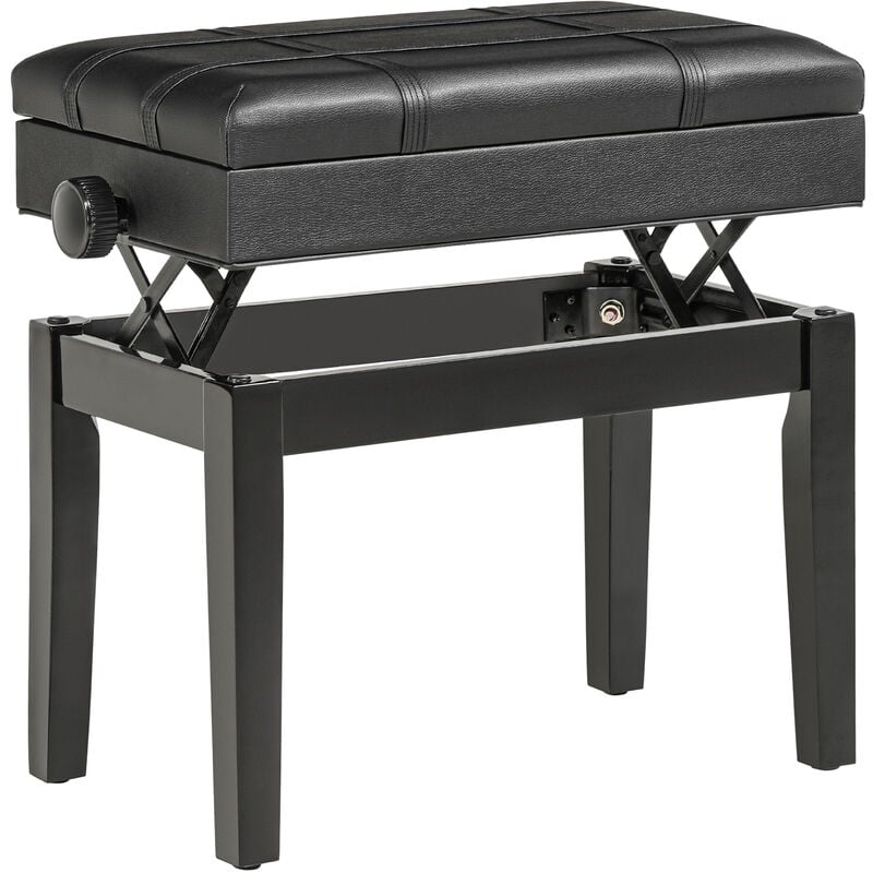 banquette tabouret siège pour piano coffre intégré hauteur réglable bois hévéa assise revêtement synthétique noir - noir