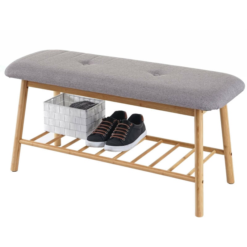 Banquette étagère à chaussures HWC-D90 banc rembourré, rangement pour chaussures, bambou 44x90x34cm