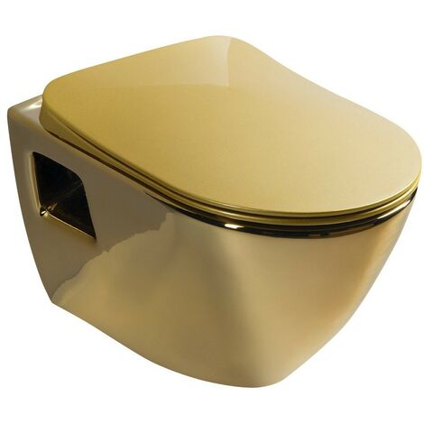 Banyo – WC suspendu Paula – Abattant finition or – Céramique – Chasse d'eau standard – Dimensions 35,5x35,5x50 cm – Poids 24 kg