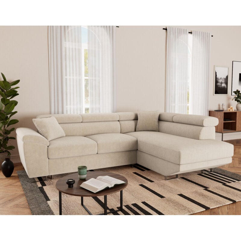 Baoji - canapé d'angle droit 5 places convertible avec têtières et coffre en velours côtelé