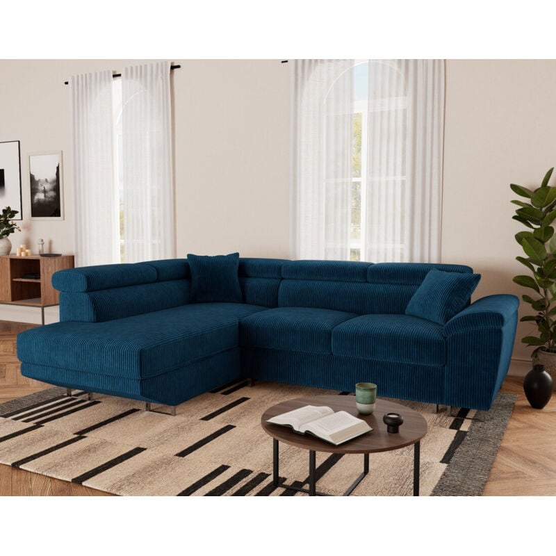 Bestmobilier - Baoji - canapé d'angle gauche 5 places convertible avec têtières et coffre en velours côtelé - bleu