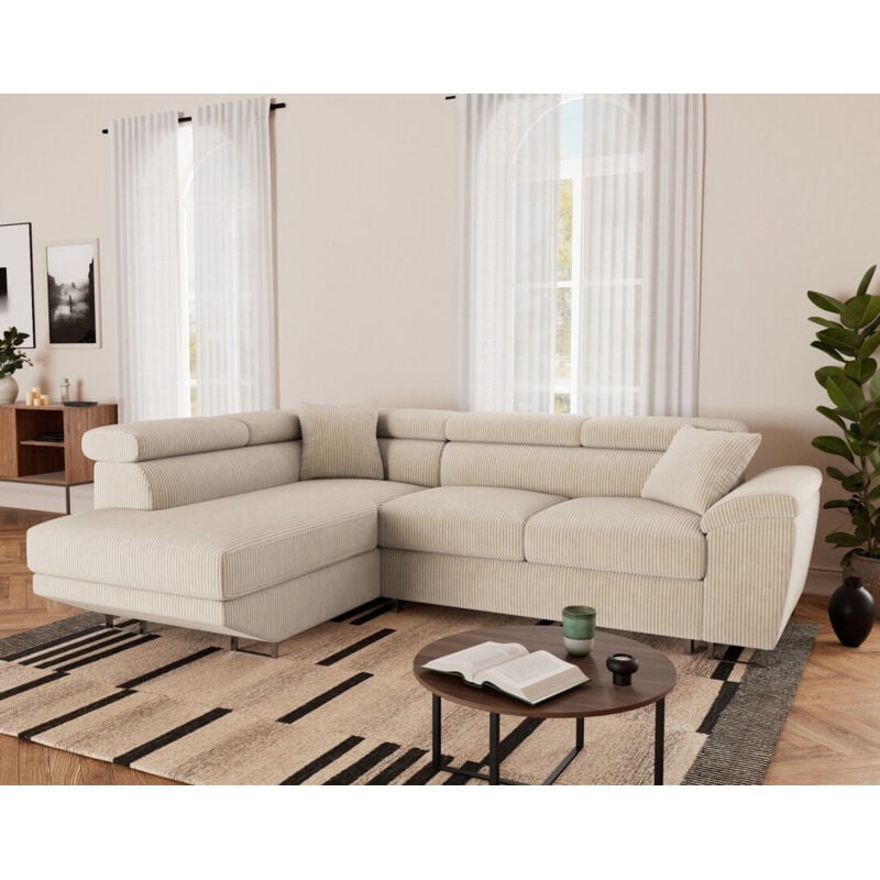 Bestmobilier - Baoji - canapé d'angle gauche 5 places convertible avec têtières et coffre en velours côtelé - beige