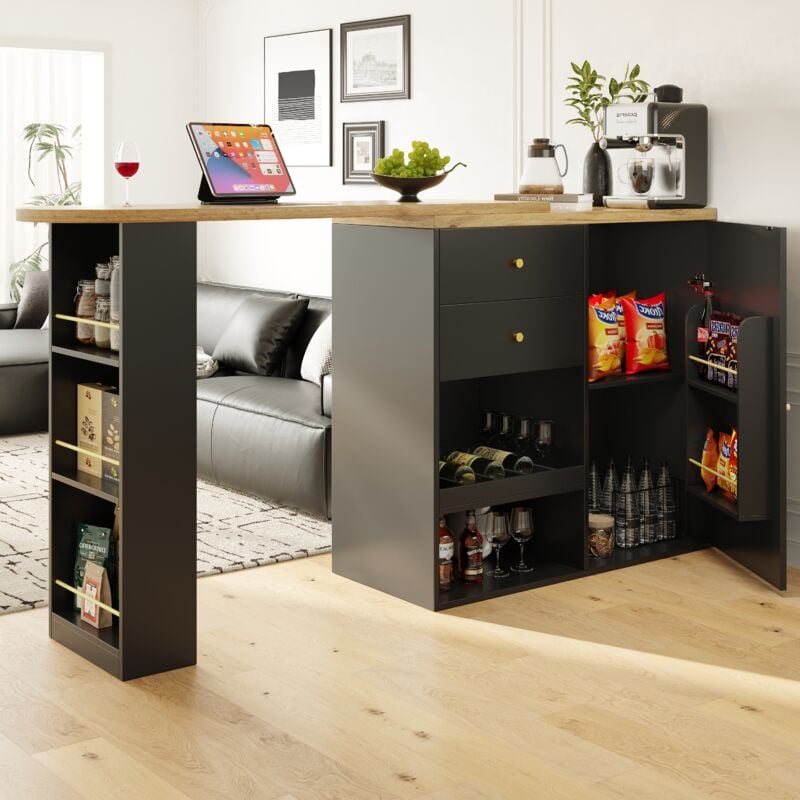 Table de bar rotative à 360° avec 2 tiroirs et armoire à portes coulissantes, 3 niveaux de rangement ouvert, pour salle à manger/bureau/salon, 105 x